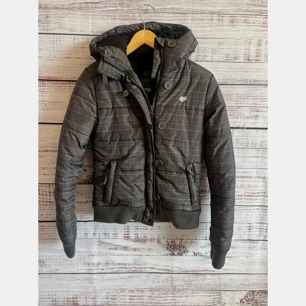 FOX Racing Girls Puffer Jacket 
Gray Plaid Coat Hoodie size XS